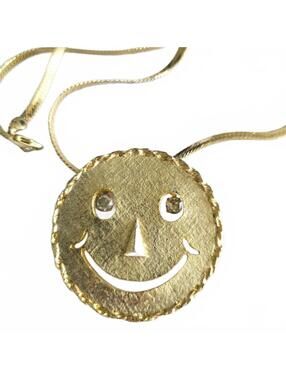 Smiley Face Brooch Pin on Chain Gold Tone Pendant Necklace